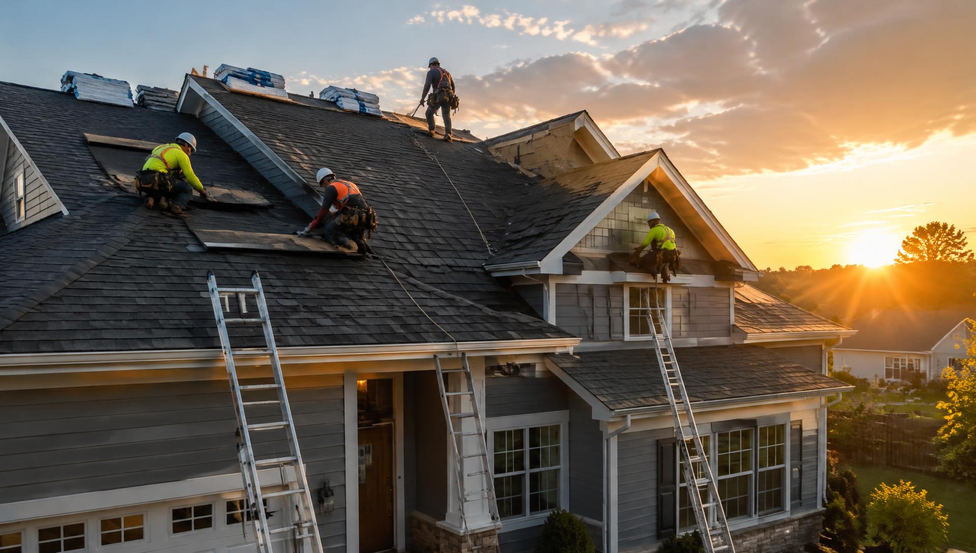 Roofing crew installing a new shingle roof at sunset